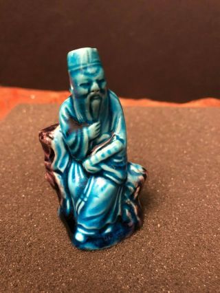 Vintage / Antique 3 " Chinese Porcelain Turquoise Glaze Figurine - Seated Immortal