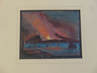 Antique Miniature Watercolor Painting - Eruption Of Mount Vesuvius At Night