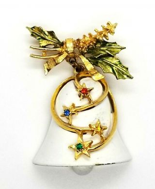 Vtg Art Christmas Bell Brooch Pin - Gold Tone Enamel Rhinestones Green White.