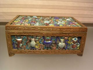 Old Chinese Repousse Enamel Precious Objects Humidor Box 3