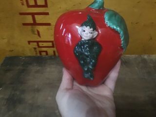 Vintage Gilner Ca California Pottery Red Apple W/ Pixie Elf Wall Pocket