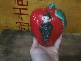 Vintage Gilner CA California Pottery Red Apple w/ Pixie Elf Wall Pocket 2