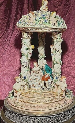 Antique Victorian Porcelain Table Lamp Courting Couple Gazebo & Cherubs Dresden