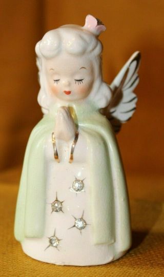 Vintage Porcelain Angel - Arnart - 1950s - Spring? Green Cloak/rhinestones - 4 1/4 "