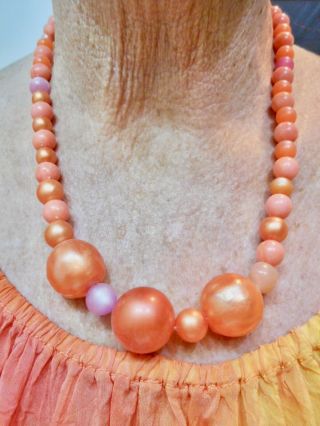Vintage - 1950 ' s Orange Faux Pearl Bead Statement Necklace 2