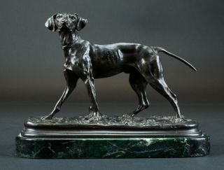 Antique Bronze On Marble Base Dog Sculpture By Pierre - Jules Mene