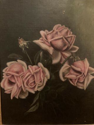 Victorian Antique Pink Roses Floral Still Life Oil Painting Framed On Board