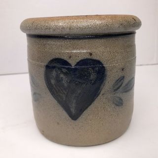 Vintage Rowe Pottery Crock Salt Glaze Blue Heart Stoneware 1987