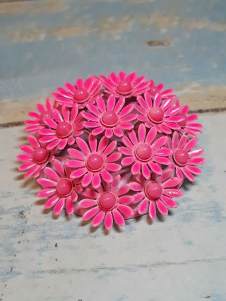 Vintage Pink Daisy Enamel Brooch Pin Floral Dome