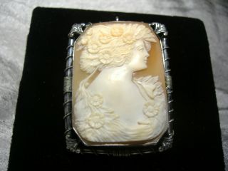 Outstanding Antique Large Hand Carved Cameo Pin / Pendant Sterling Silver