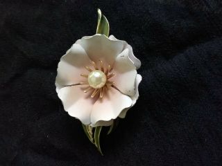 Gorgeous Vintage Signed Coro Enamel Beige Flower Brooch Pin 3