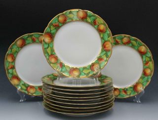 Antique Set Of 12 Limoges Porcelain Plates 8.  75 " Hand Painted W/ Peaches & Gold