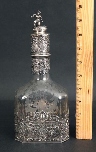 Antique Storck & Sinsheimer Etched Glass 800 Hanau Silver Liquor Decanter Bottle