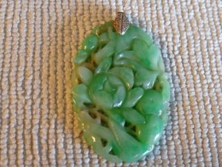 Antique Chinese Carved Green Jadeite Jade Flower Pendant With Sterling Mount