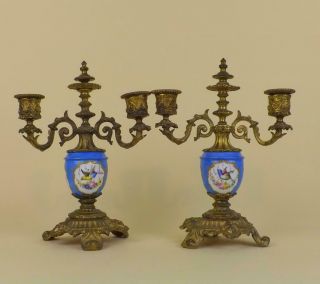Antique French Sevres Handpainted Porcelain And Bronze Candelabrum Set