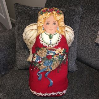 Vtg Christmas Stuffed Standing Angel Doll Pillow 20 " Tall Printed Beaded Jeweled