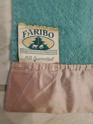 Vtg Faribo Blanket Wool Satin Trim Green Turquoise Teal 70 x 80 