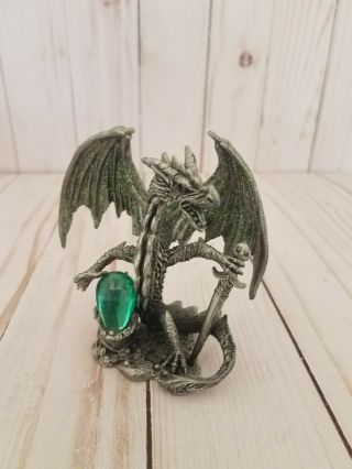 Pewter Dragon Holding Crystal Ball And Sword Vintage