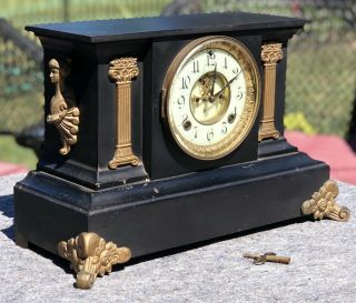 Antique Ansonia Cast Iron Open Escapement Mantle Clock W/ Porcelain Dial