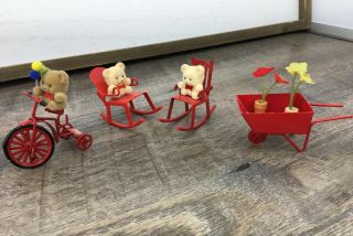 Vtg Red Metal Doll House Furniture Accessories Rocking Chair Tricycle Bears