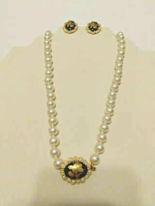 Vntg Limoges Porcelain Cobalt Blue Gold Floral Necklace / Earrings Set