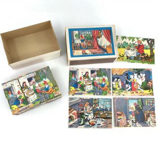 Matchbox Toy Wooden Block Puzzle West Germany Fairy Tales 6 Scenes Miniature Vtg