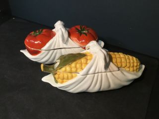 Two Vintage Ceamic Covered Vegetable Dishes,  Tomato,  Corn,  Royal Sealy,  Japan