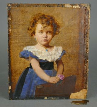 Antique French Miniature Oil Painting Portrait Of A Standing Child W/ Jewelry