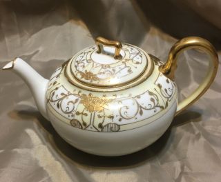 Vintage Pagoda Nippon Porcelain Tea Pot White with Gold 3