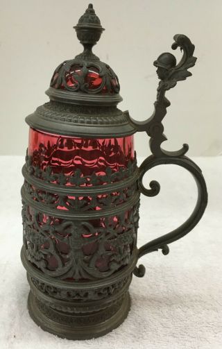 Antique Ruby Red Glass And Pewter German Beer Stein Tankard
