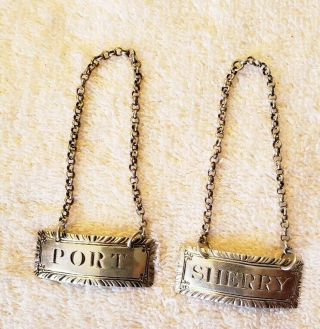 Pair English Sterling Silver Bottle / Decanter Liquor Tags Port & Sherry 1793