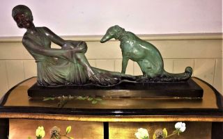 Impressive Huge French Art Deco D H Chiparus Lady & Borzoi Dog Plaster Sculpture