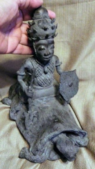 Antique Old Metal Warrior Man Tribal Turtle Figure Statue Bronze Sculpture Art