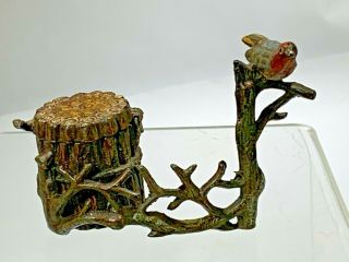 Antique Cold Painted Bronze Bird On Branch & Tree Stump Inkwell Geschutz Austria