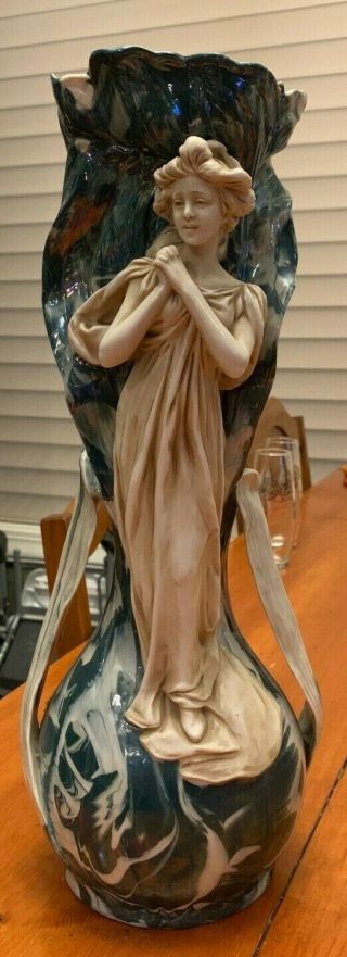 Antique Early Royal Dux Bohemia Art Nouveau Porcelain Woman Figural Vase 16 1/2 "