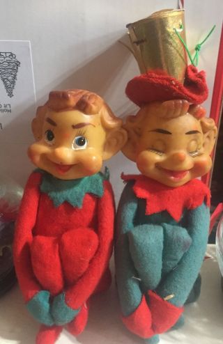2 - 8 " Vintage Elf On A Shelf Pixie Red & Green Christmas Decoration Japan 1950s