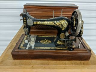 Antique Singer Hand Crank Sewing Machine W/ Coffin Case,  Circa 1900