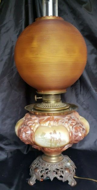 Antique Victorian Gwtw Oil Lamp Figural Lions Egyptian Camel Scenes Electrified