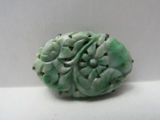 Antique Pierced Carved Flower Apple Green Jadeite Jade Sterling Silver Brooch 9g