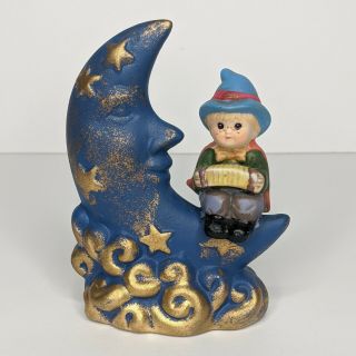 Vintage Ceramic Figurine Little Boy On Moon Playing Accordion Gold Stars Dreams