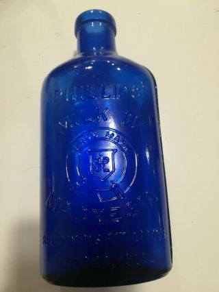 Phillips Milk Of Magnesia 7” Cobalt Blue Bottle Aug 21,  1906 Vintage Antique