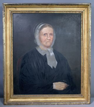 19thc Antique Primitive Old Lady Portrait Bonnet & Spectacles Oil Painting Frame
