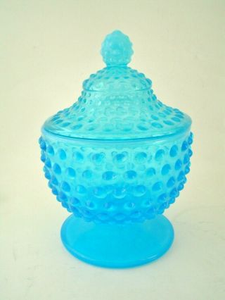 Vintage Blue Opalescent Fenton Hobnail Candy Dish With Lid