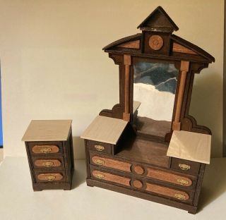 Dollhouse Miniature Victorian Wooden Dresser 2 Pc Set Furniture 1:10