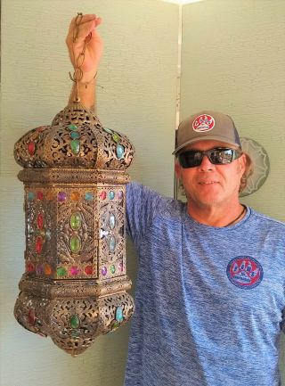 Huge 22 " Antique Style Moroccan Pierced Brass Jeweled Hanging Lamp Lantern