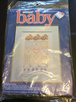 Vintage 1985 Bernat Baby Sampler Lambs & Teddies Counted Cross Stitch Kit