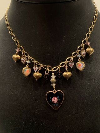 Vintage Signed Pididdly Links Kingston Ny Crystal & Enamel Heart Charm Necklace