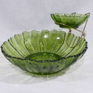 Vintage Avocado Green Indiana Glass Chip And Dip 3 Piece Set