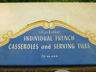 Vintage Glasbake Individual French Casseroles & Serving Tiles W/Box By McKee NR 2