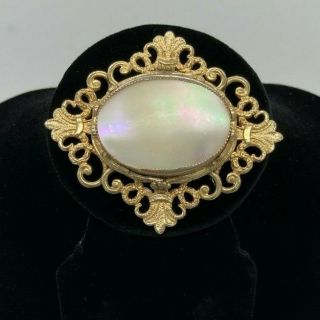 Vintage Gold Tone Filigree Mother Of Pearl Large Filigree Brooch/pin